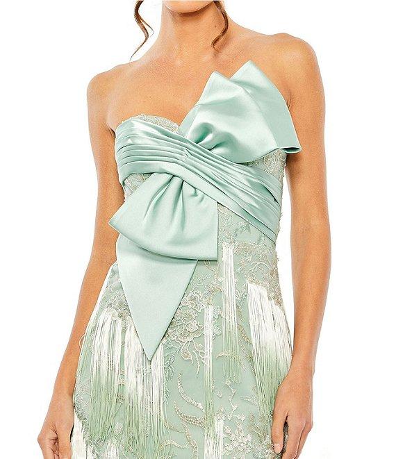 Mac Duggal Bow Front Ombre Fringe Embroidered Sheath Dress Product Image