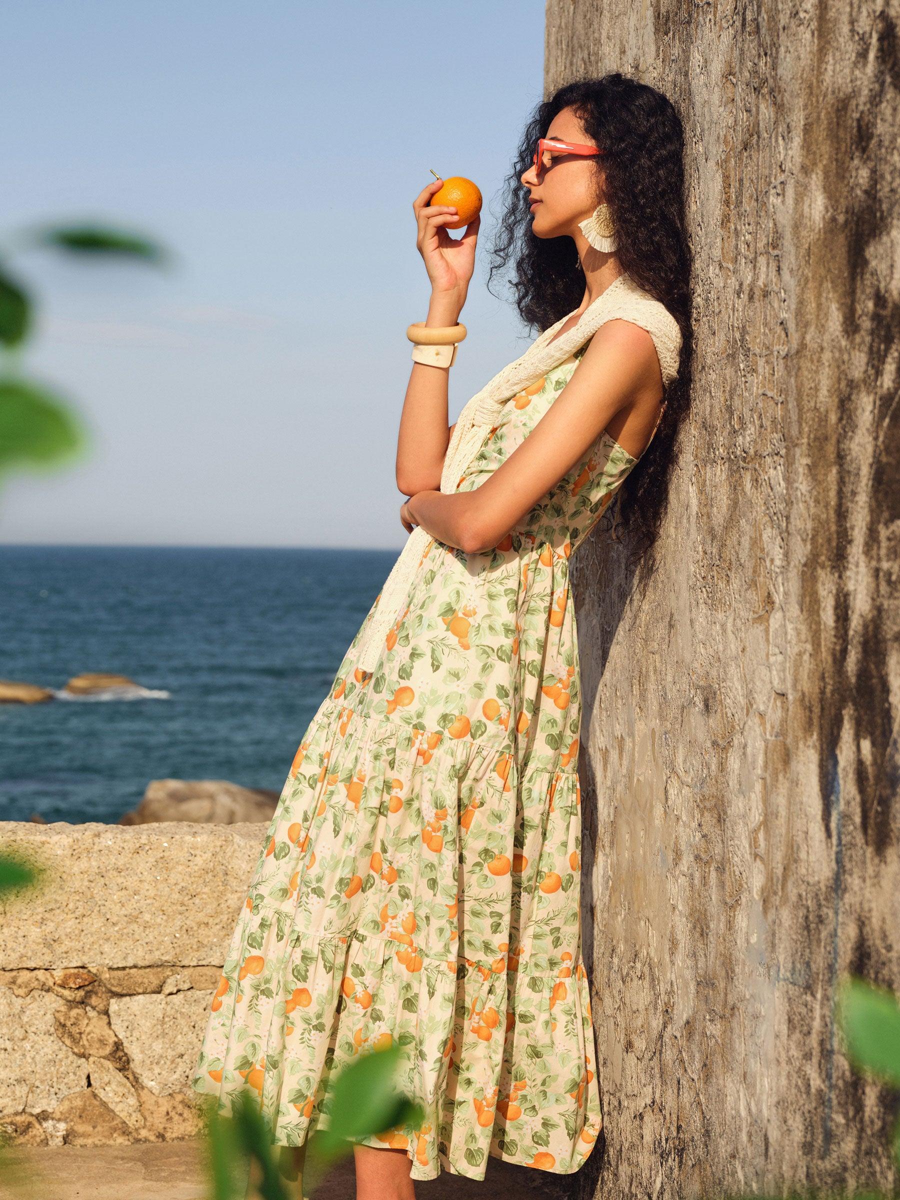 Cotton Floral Print Strap Maxi Dress And Openwork Cardigan Two-Piece S Product Image