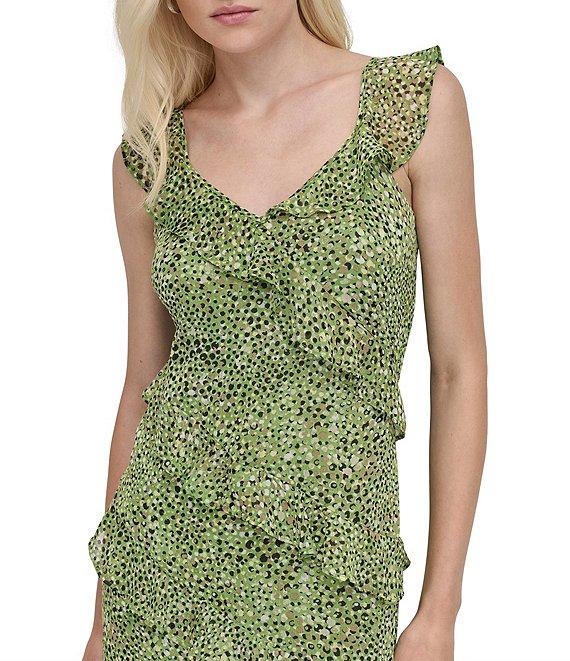 DKNY by Donna Karan Chiffon Dotted Print V Neck Sleeveless Ruffle Sheath Dress Product Image