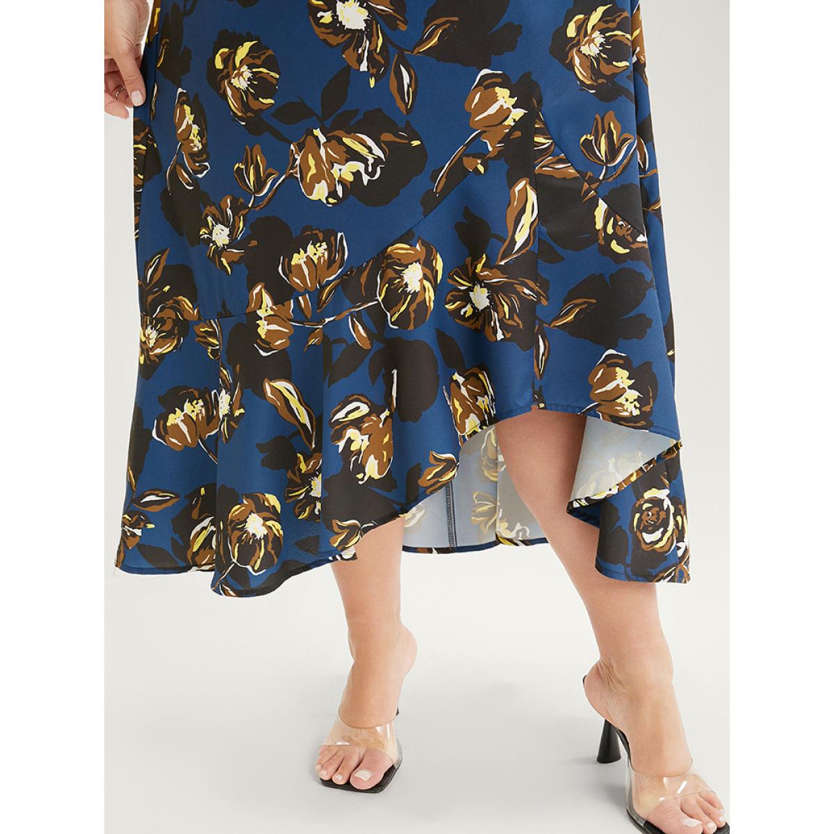 Plus Size Floral Knot Front Ruffle Sleeve Pocket Asymmetrical Hem Dress DarkBlue Women Elegant Knotted V-neck Short sleeve Curvy Midi Dress BloomChic 22-24/3X Product Image