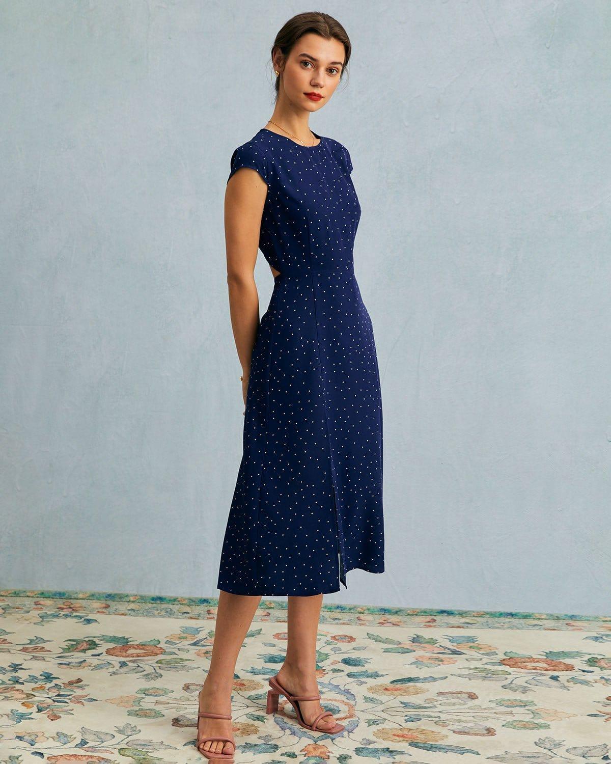 The Navy Round Neck Polka Dot Cutout Midi Dress Product Image