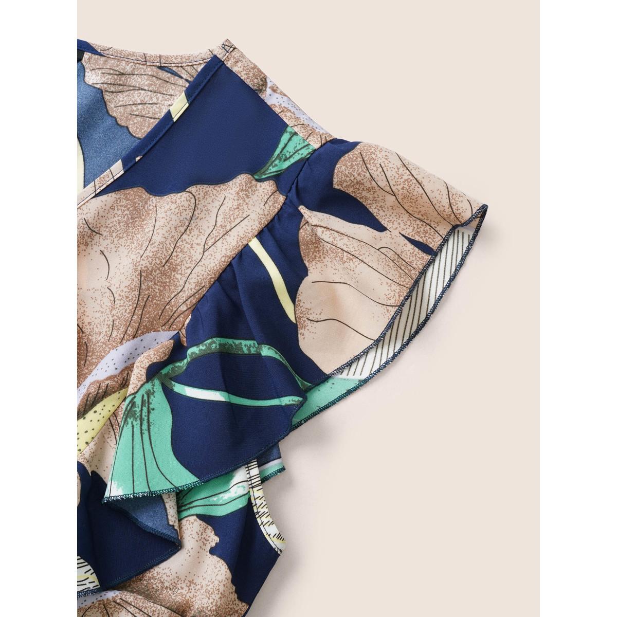 Plus Size Floral Print Flutter Sleeve Belted Midi Dress DarkBlue Women Elegant Non V-neck Cap Sleeve Curvy Midi Dress BloomChic 26/4X Product Image