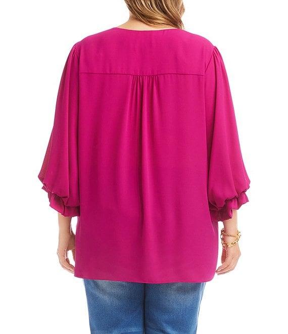 Karen Kane Plus Size V-Neck 3/4 Lantern Sleeves Asymmetric Layered Hem Top Product Image