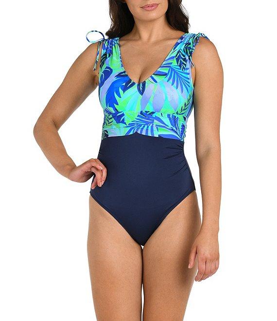 24th & Ocean Aegean Tropics Floral V-Neck Shirred Tummy Control One Piece Swimsuit Product Image