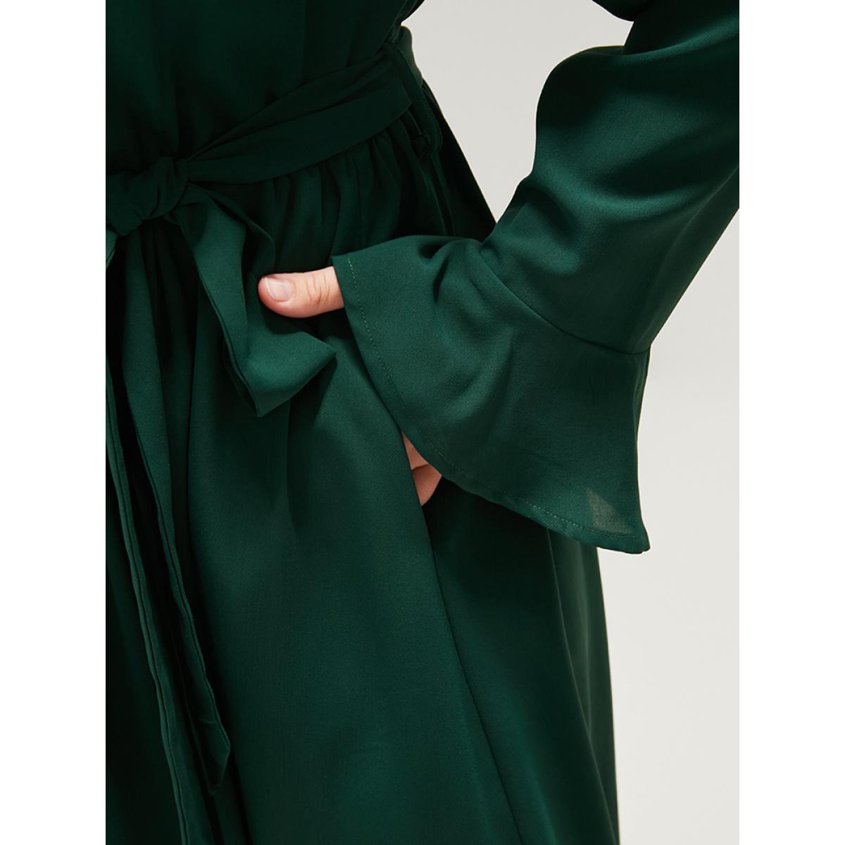Plus Size Solid V Neck Ruffled Button Detail Belted Split Maxi Dress Green Women Elegant Pocket V-neck Long Sleeve Curvy Long Dress BloomChic 28/5X Product Image