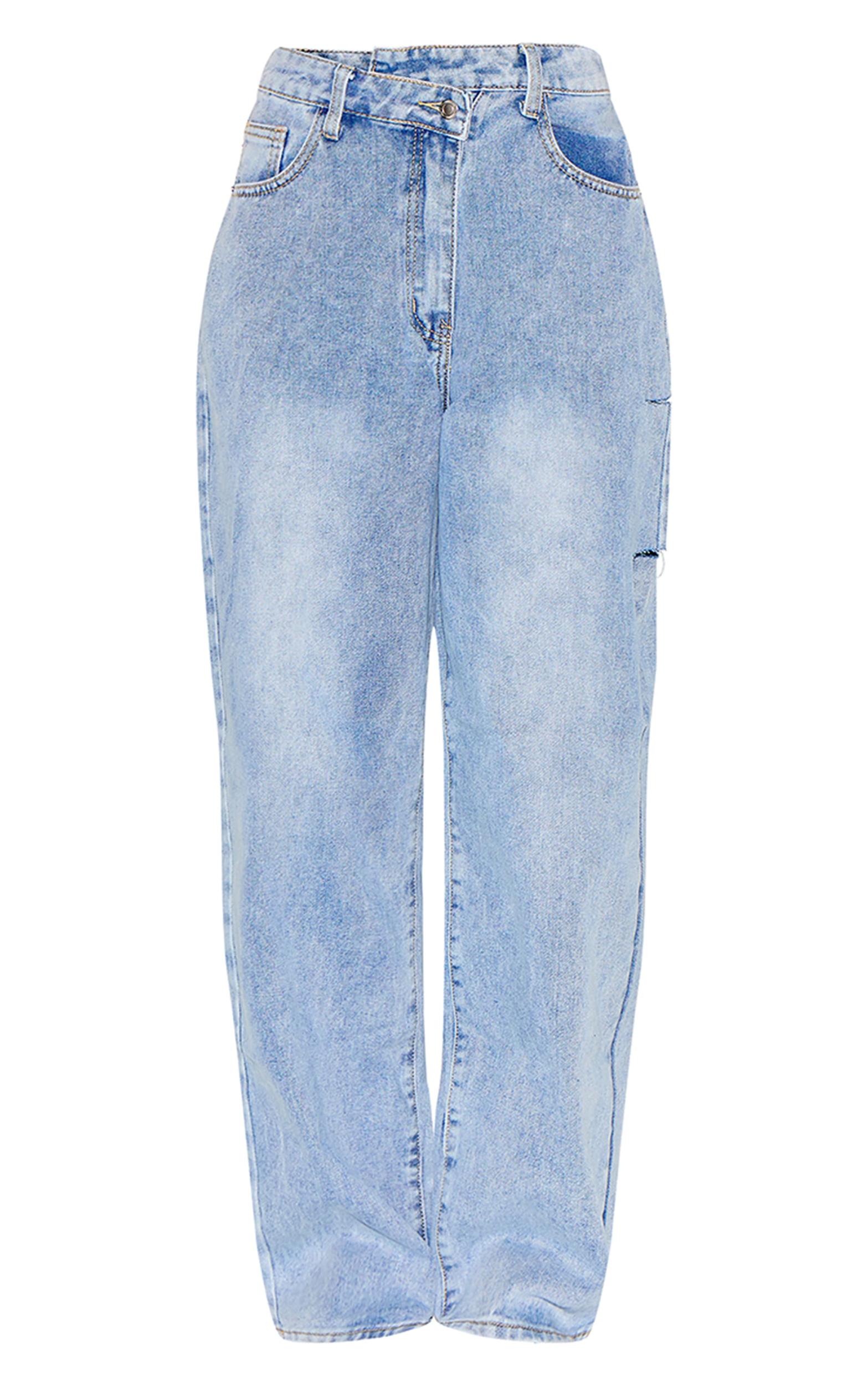 Light Blue Wash Asymmetric Waistband Baggy Low Rise Thigh Split Boyfriend Jeans Product Image