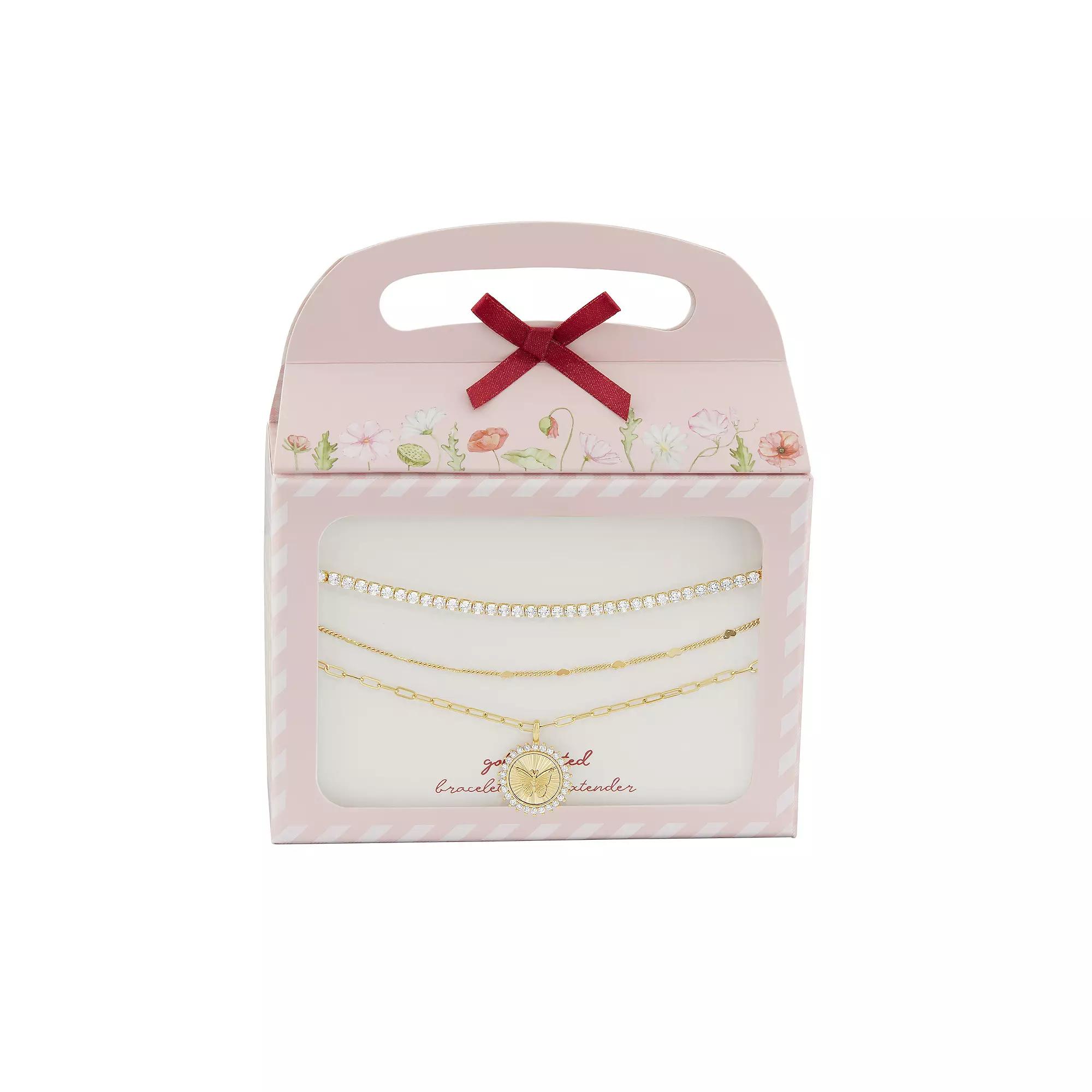 Brilliance 18k Gold Flash Plated Cubic Zirconia Butterfly Coin Charm Triple Layer Bracelet, Women's, Size: 8.5", Gold Tone Product Image