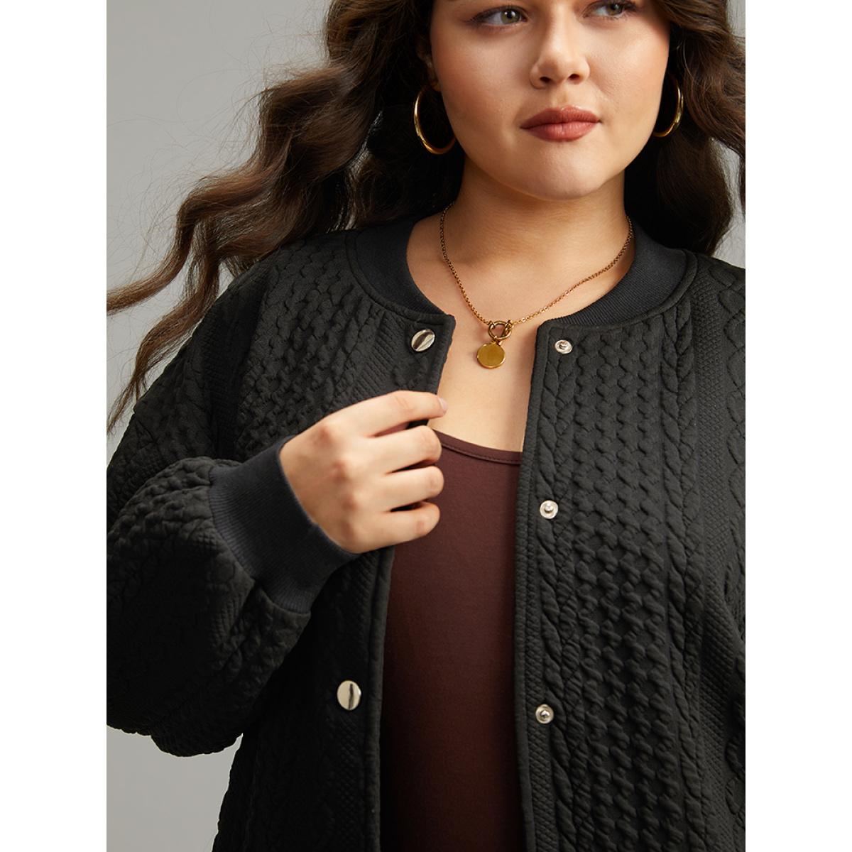 Plus Size Plain Texture Button Through Jacket Women Black Elastic cuffs Dailywear Jackets BloomChic 10/M Product Image