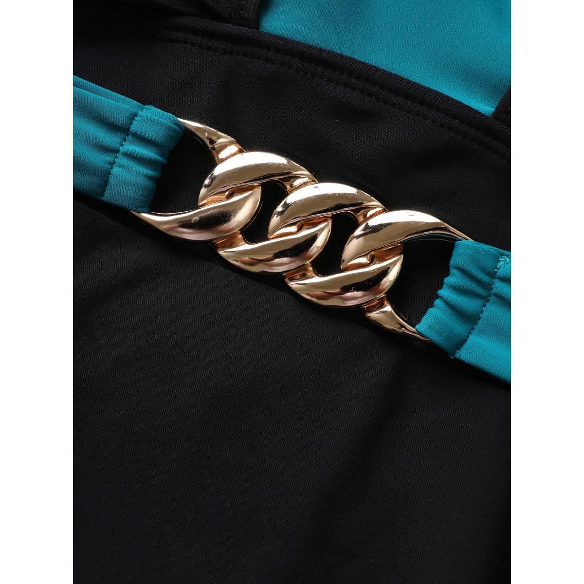 Plus Size Two Tone Metal Chain Detail One Piece Swimsuit Women's Swimwear Teal Beach Gathered Curve Bathing Suits High stretch One Pieces BloomChic 26/4X Product Image