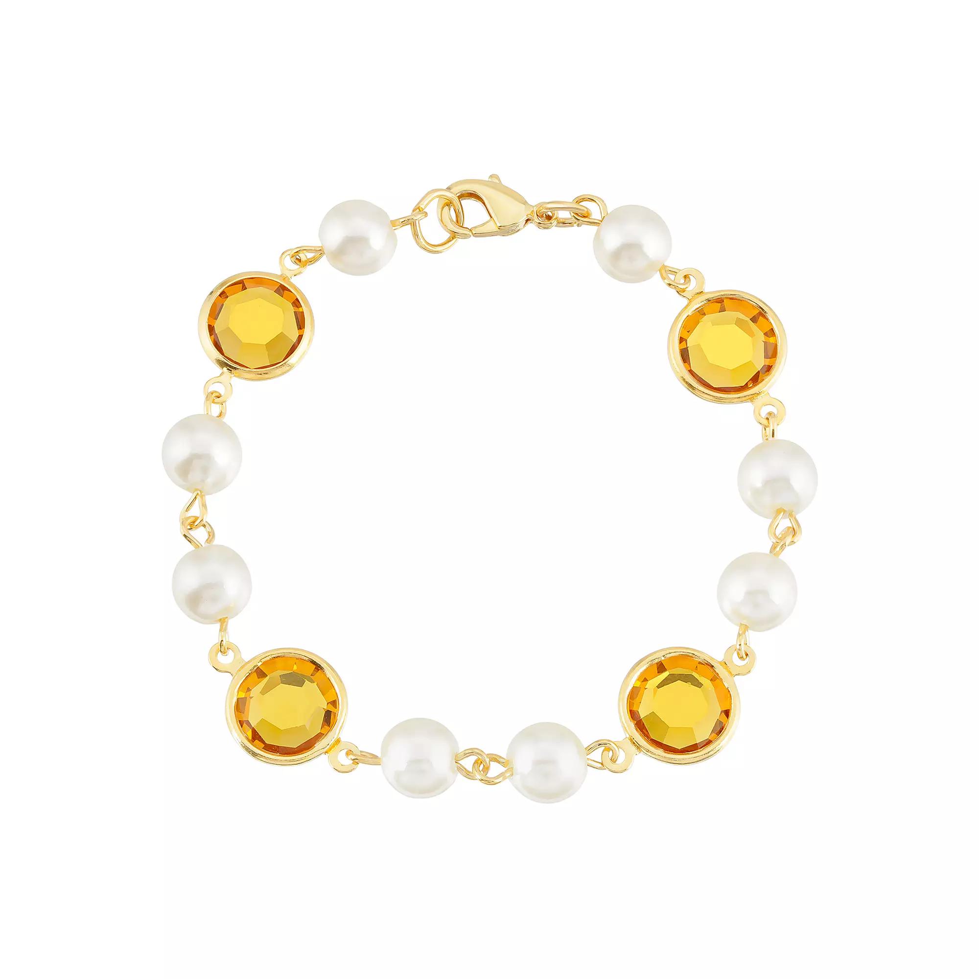 1928 Gold Tone Simulated Pearl & Crystal Chain Bracelet, Womens, Yellow Product Image