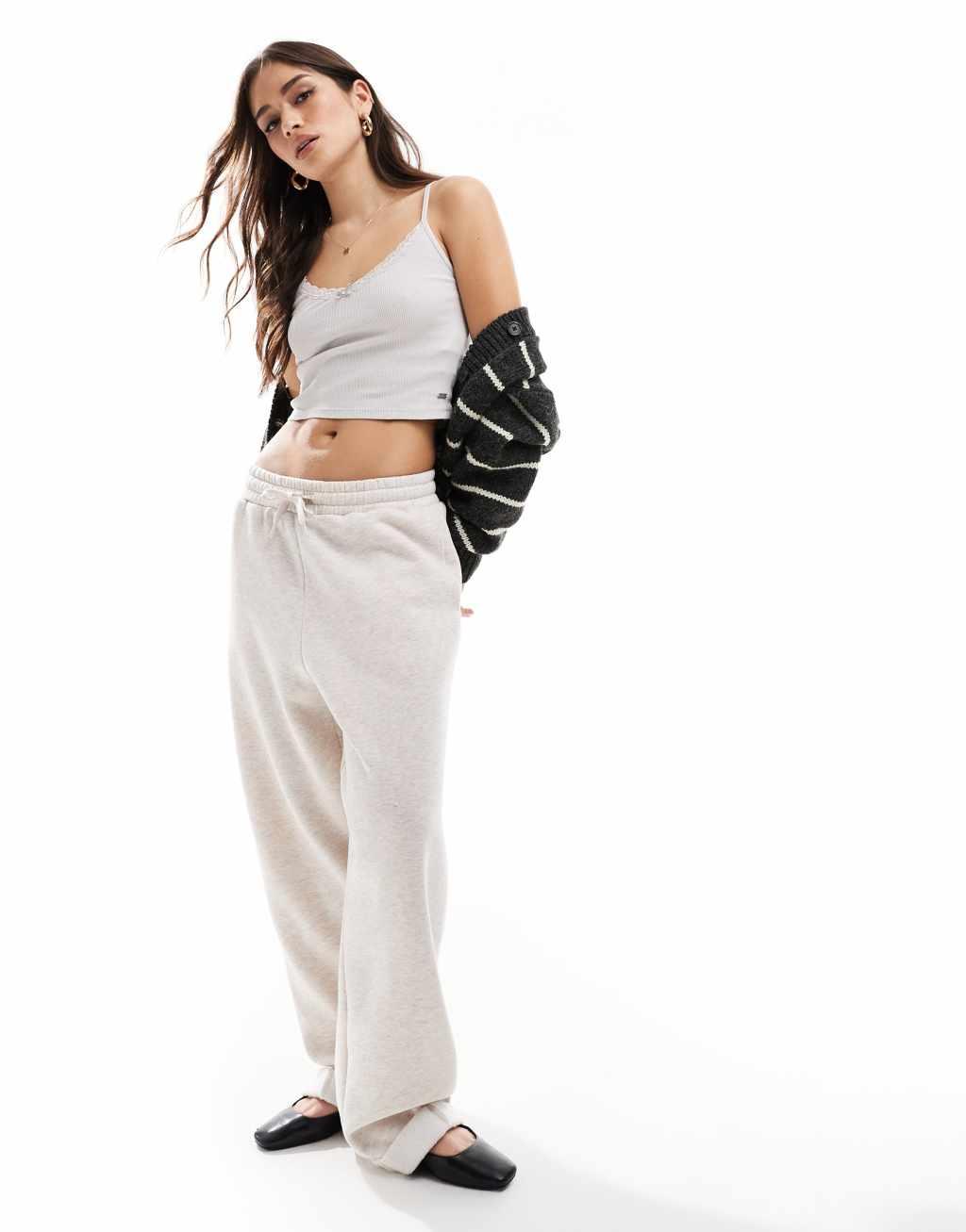 Pull&Bear lace trim ribbed cami top in pale gray Product Image