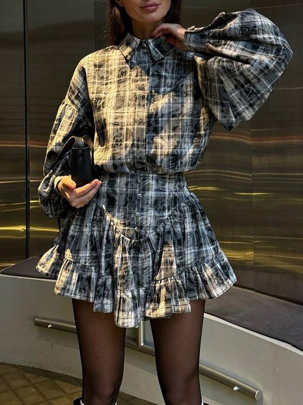 Loose Plaid Puff Sleeves Split-Joint Lapel Blouse + Pleated Ruffled Miniskirts Two Pieces Set Product Image