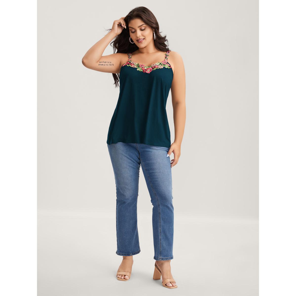 Plus Size 3D Floral Neckline Tank Top Women Cyan Romantic Woven ribbon&lace trim V-neck Elegant Tank Tops Camis BloomChic 26/4X Product Image