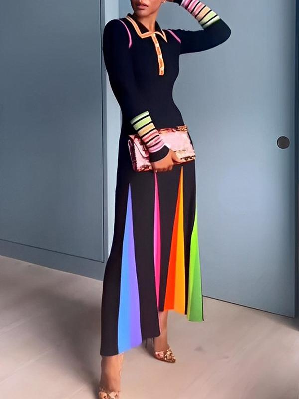 Long Sleeves Skinny Buttoned Printed Lapel Maxi Dresses Product Image