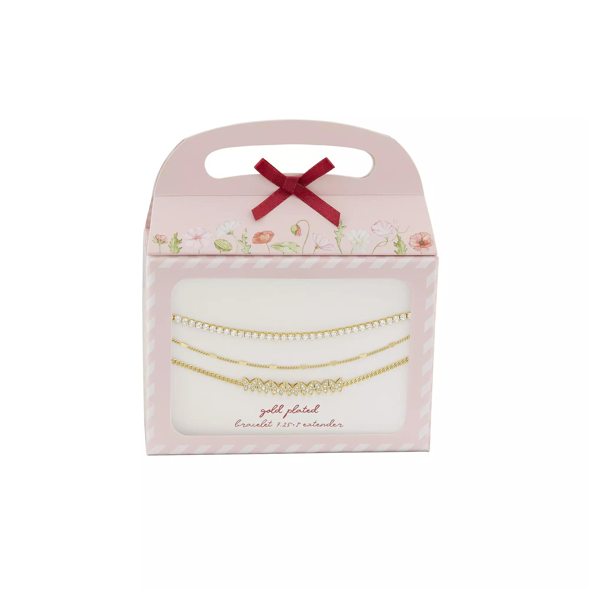 Brilliance 18k Gold Flash Plated Crystal Butterfly Chain, Heart Station Chain & Cubic Zirconia Tennis Triple Layer Bracelet, Women's, Size: 8.5", Gold Tone Product Image