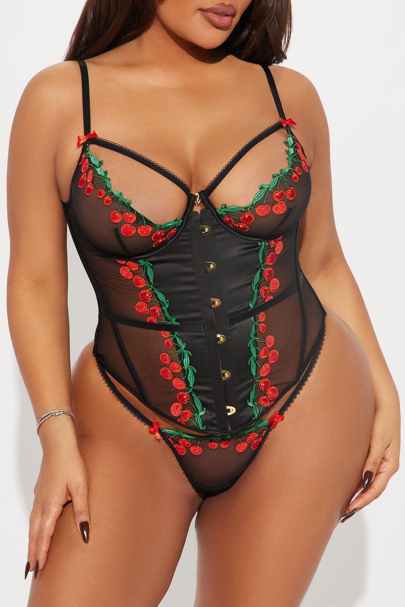 Sweetest Bite Embroidered Cherry 2 Piece Bustier G-String Set - Black/Red Product Image