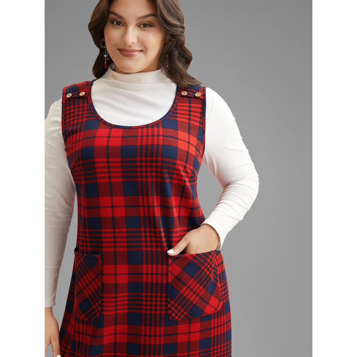 Plus Size Holiday Plaid Sleeveless Stretch Midi Dress Crimson Women Casual Button Party Curvy Bloomchic 14-16/1X Product Image