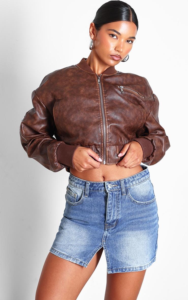 Mid Blue Wash Split Front Denim Mini Skirt Product Image