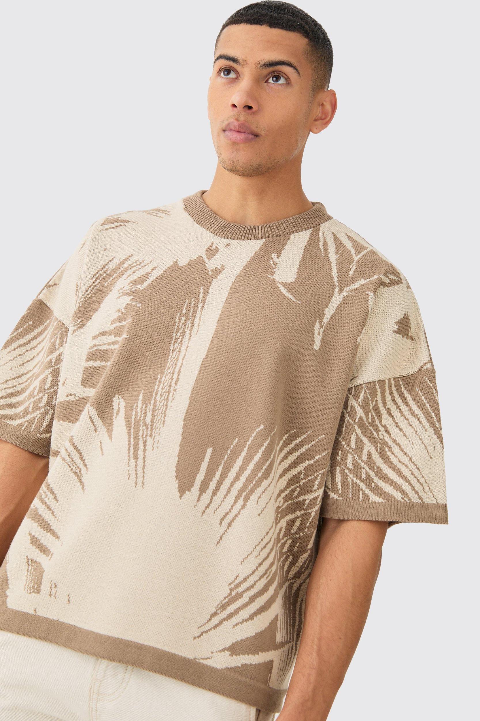 Oversized Tonal Abstract Drawing Knitted T-shirt | boohooMAN USA Product Image