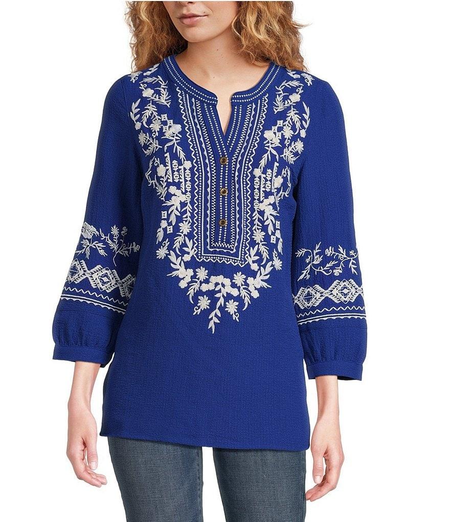 Calessa Petite Size Embroidered Floral Patchwork Split V-Neck 3/4 Sleeve Tunic Product Image