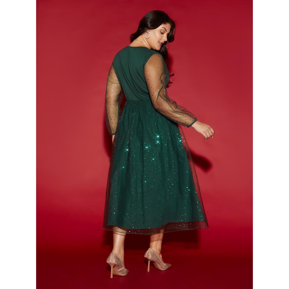 Plus Size Sheer Mesh Shimmering Sequins Maxi Dress Cyan Women Party&Cocktail Texture Party Curvy Bloomchic 26/4X Product Image