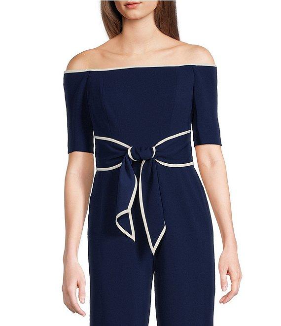 Adrianna Papell Off-the-Shoulder Short Elbow Sleeve Contrast Piping Stretch Crepe Twist Tie Waist Straight Leg Jumpsuit Product Image