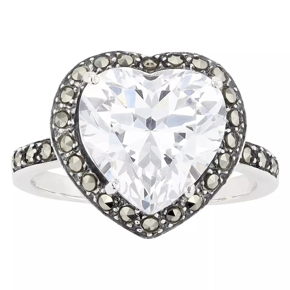 Lavish by TJM Sterling Silver Cubic Zirconia & Marcasite Heart Ring, Women's, Size: 9 Product Image