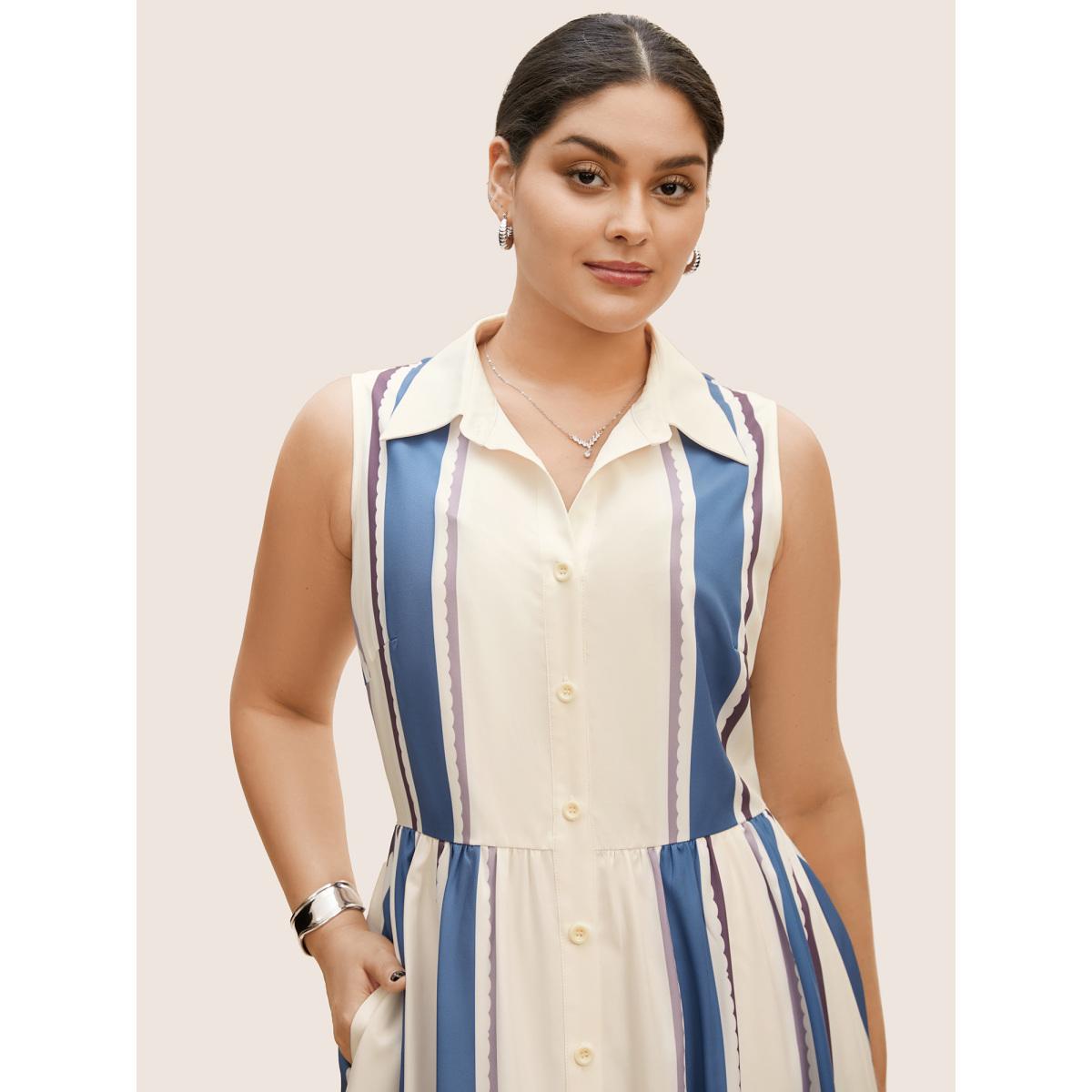 Plus Size Shirt Collar Contrast Striped Sleeveless Midi Dress LightBlue Women At the Office Contrast Shirt collar Sleeveless Curvy BloomChic 10/M Product Image