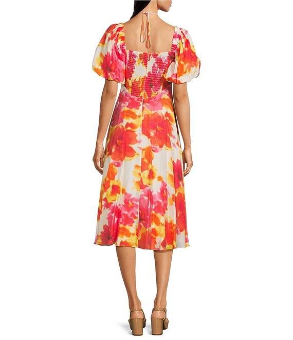 Alex Marie Monroe Abstract Floral Short Puff Sleeve Sweetheart Halter Tie Neck A-Line Midi Dress Product Image