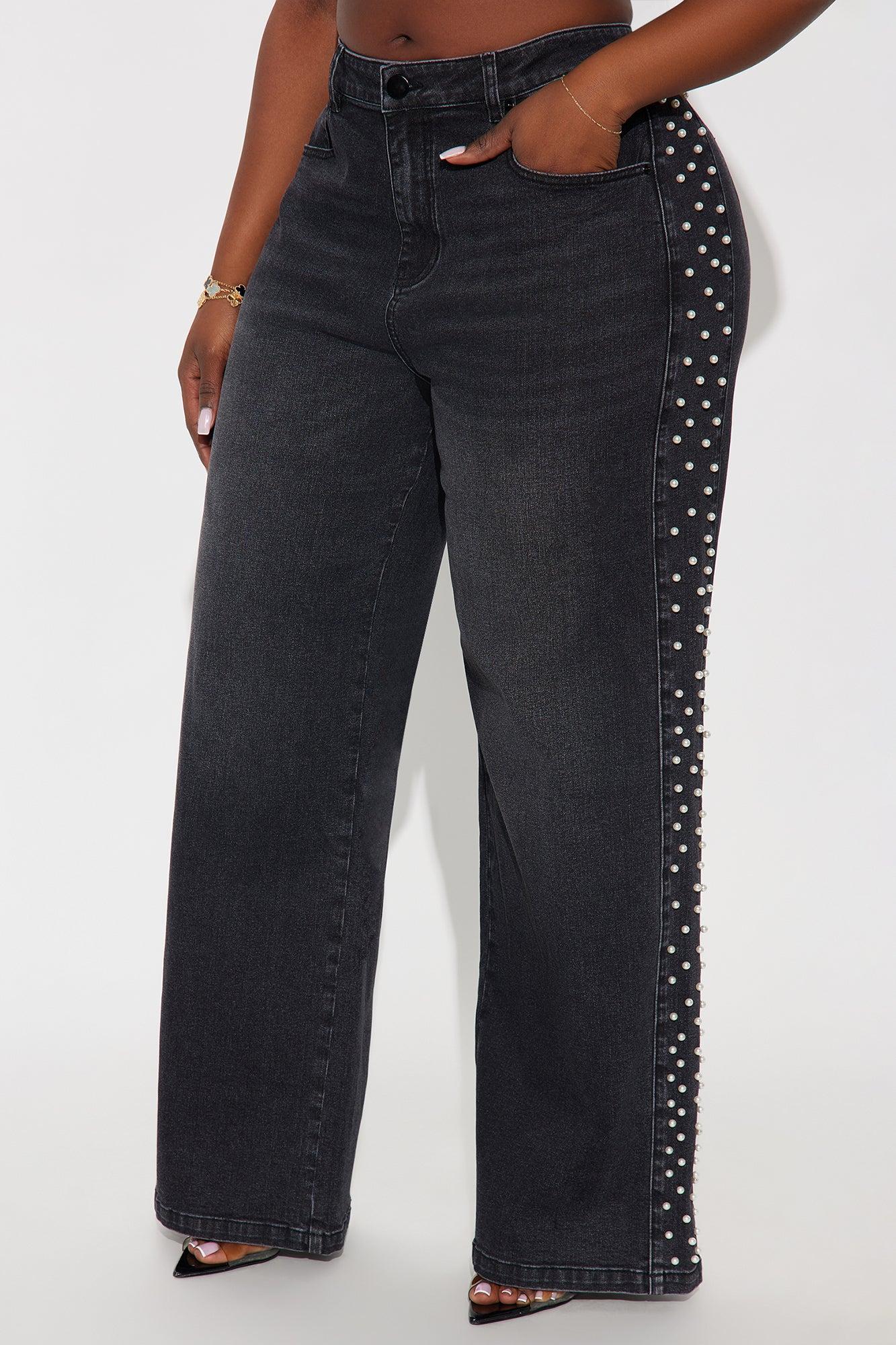 Pearls Of Wisdom Embellished Wide Leg Jeans - Black Wash Female Product Image