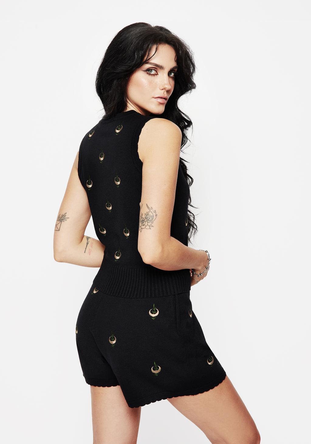 Liana Moon Leaf Embroidered Button Up Knit Vest Product Image