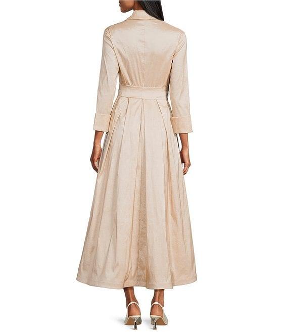 Marina 3/4 Sleeve Point Collar Neck Tie Waist Taffeta Midi A-Line Dress Product Image