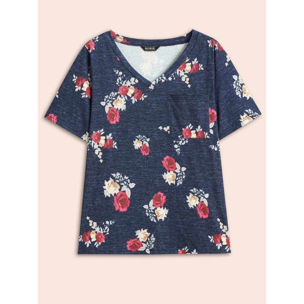 Plus Size Floral Print Heather Patched Pocket T-shirt Multicolor Women Elegant Printed Floral V-neck Dailywear T-shirts BloomChic 18-20/2X Product Image