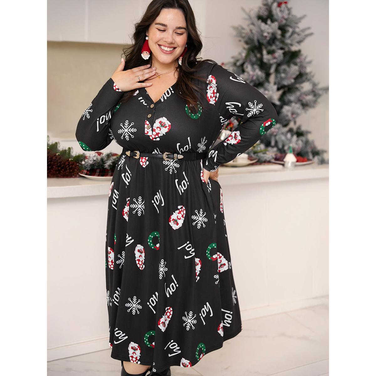 Plus Size Christmas Graphic Button Detail Dress Black Women Elegant Gathered V-neck Long Sleeve Curvy Midi Dress BloomChic 14-16/1X Product Image