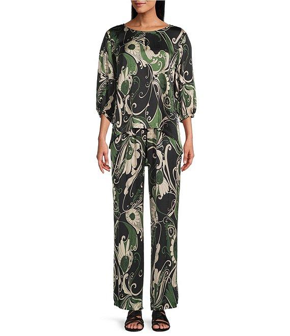 Bryn Walker Coordinating Giardino Print Viscose Satin Elastic Waist Full Length Wide Leg Pants Product Image