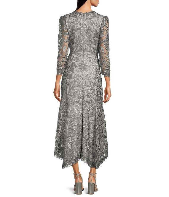 Tadashi Shoji Metallic Sequin Lace V-Neck 3/4 Sleeve Asymmetrical Hem Handkerchief Gown Product Image