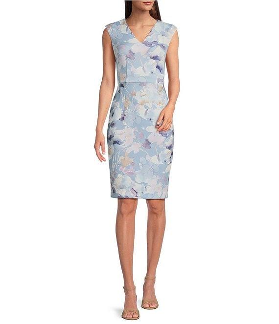 Calvin Klein V-Neck Floral Print Scuba Sheath Dress Product Image