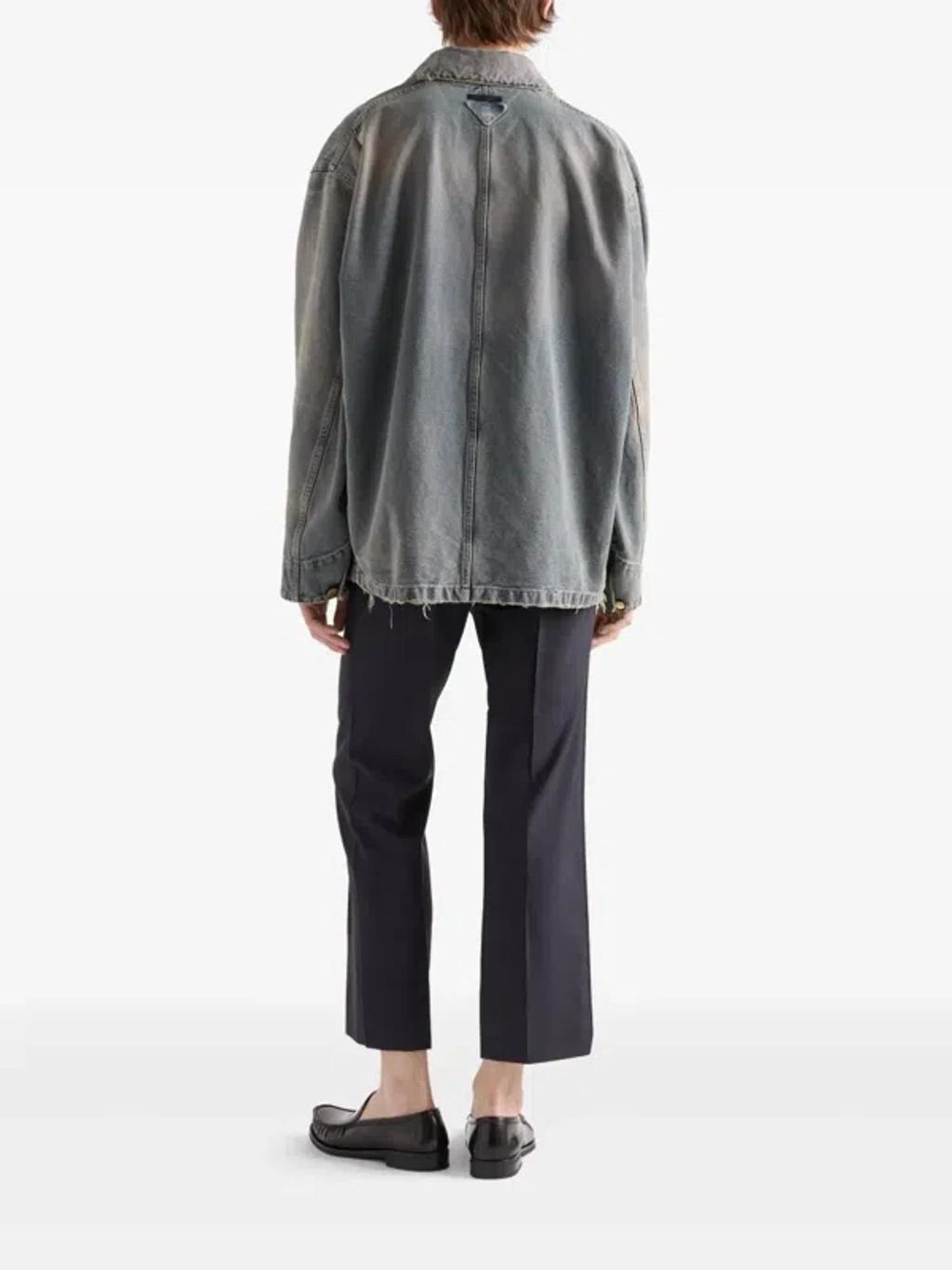 PRADA Distressed Denim Blouson Jacket In Gray Product Image