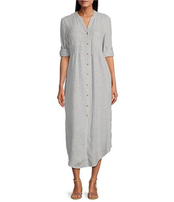 Westbound Stripe 3/4 Rolled Sleeve Y-Neck Button-Front Maxi Shirt Dress Product Image