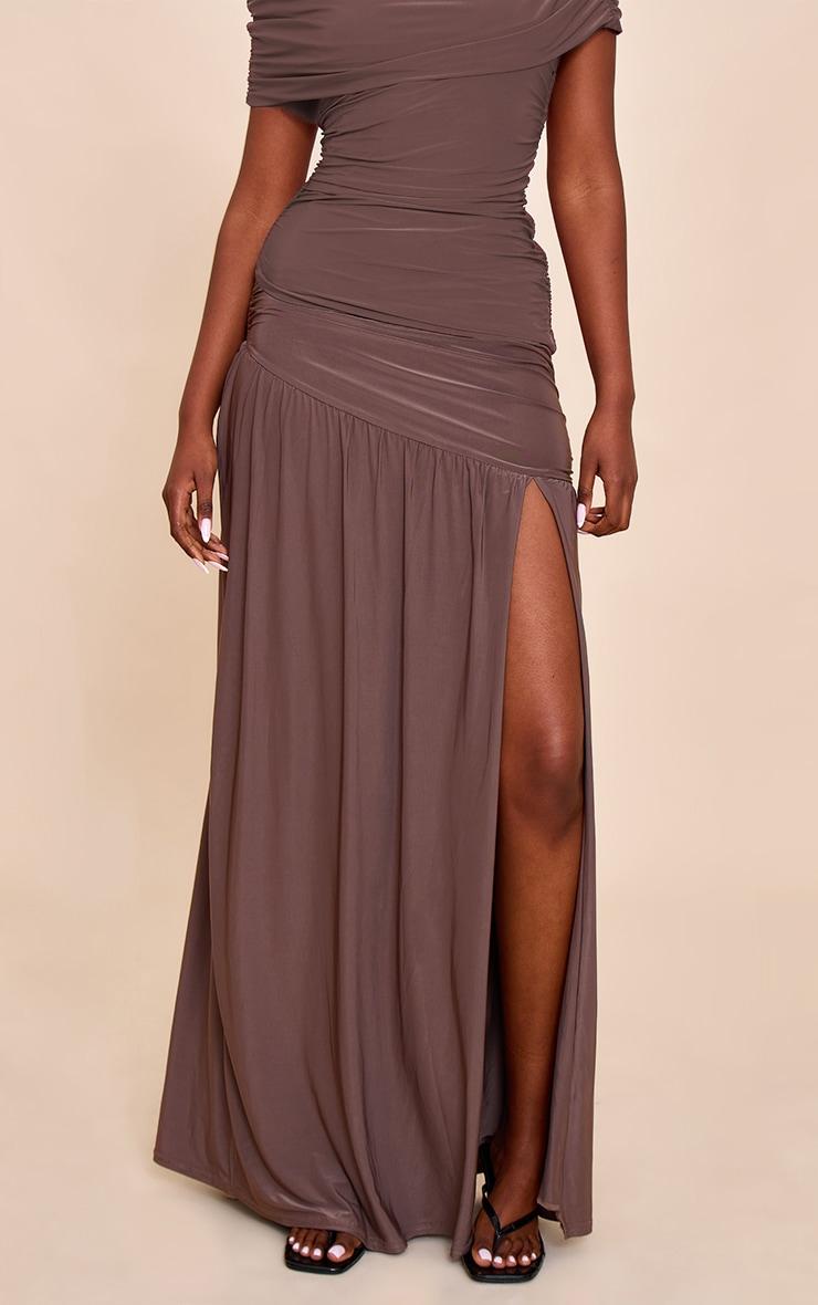 Mushroom Double Layer Slinky Drop Waist Slit Maxi Skirt Product Image