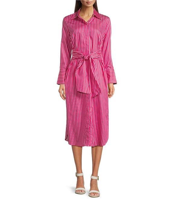 J.McLaughlin Orla Stripe Shirt Collar Long Sleeve Tie Waist Button Front Midi Dress Product Image