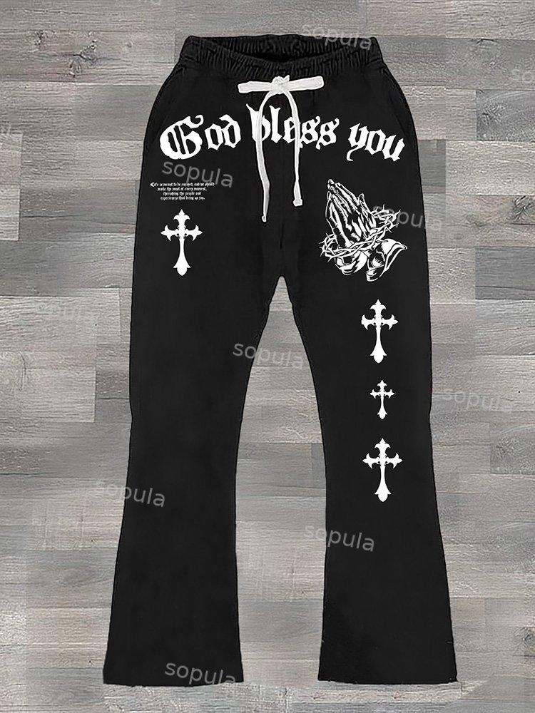 Sopula Fashionable God Bless You Cross Print Flared Sweatpants Product Image