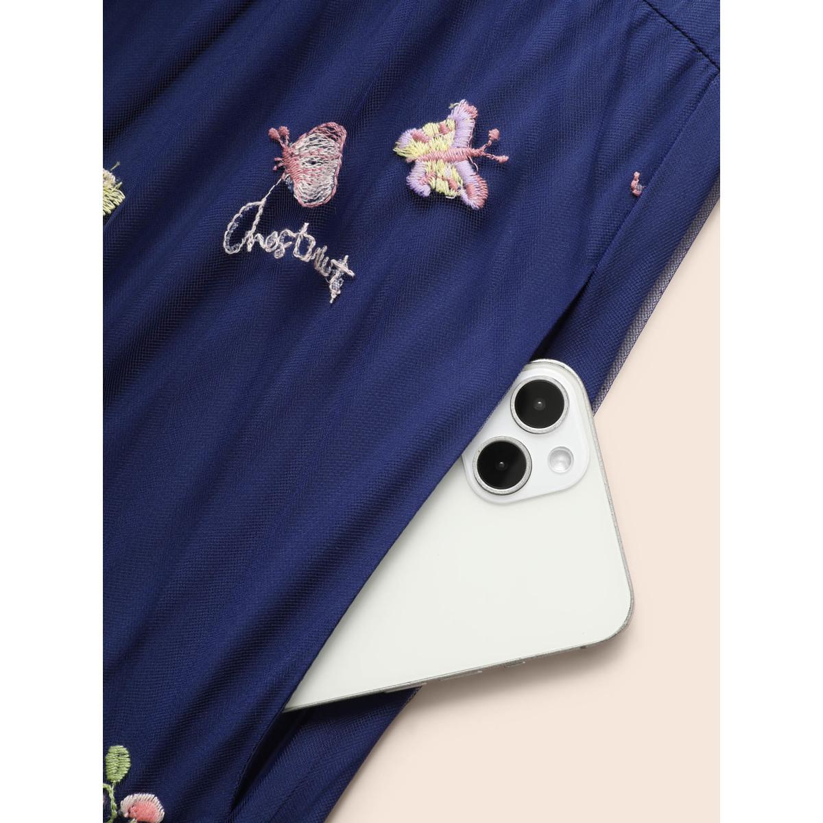 Plus Size Floral Embroidered Mesh Patchwork Lantern Sleeve Dress Indigo Women Formal Texture V-neck Elbow-length sleeve Curvy BloomChic 14-16/1X Product Image