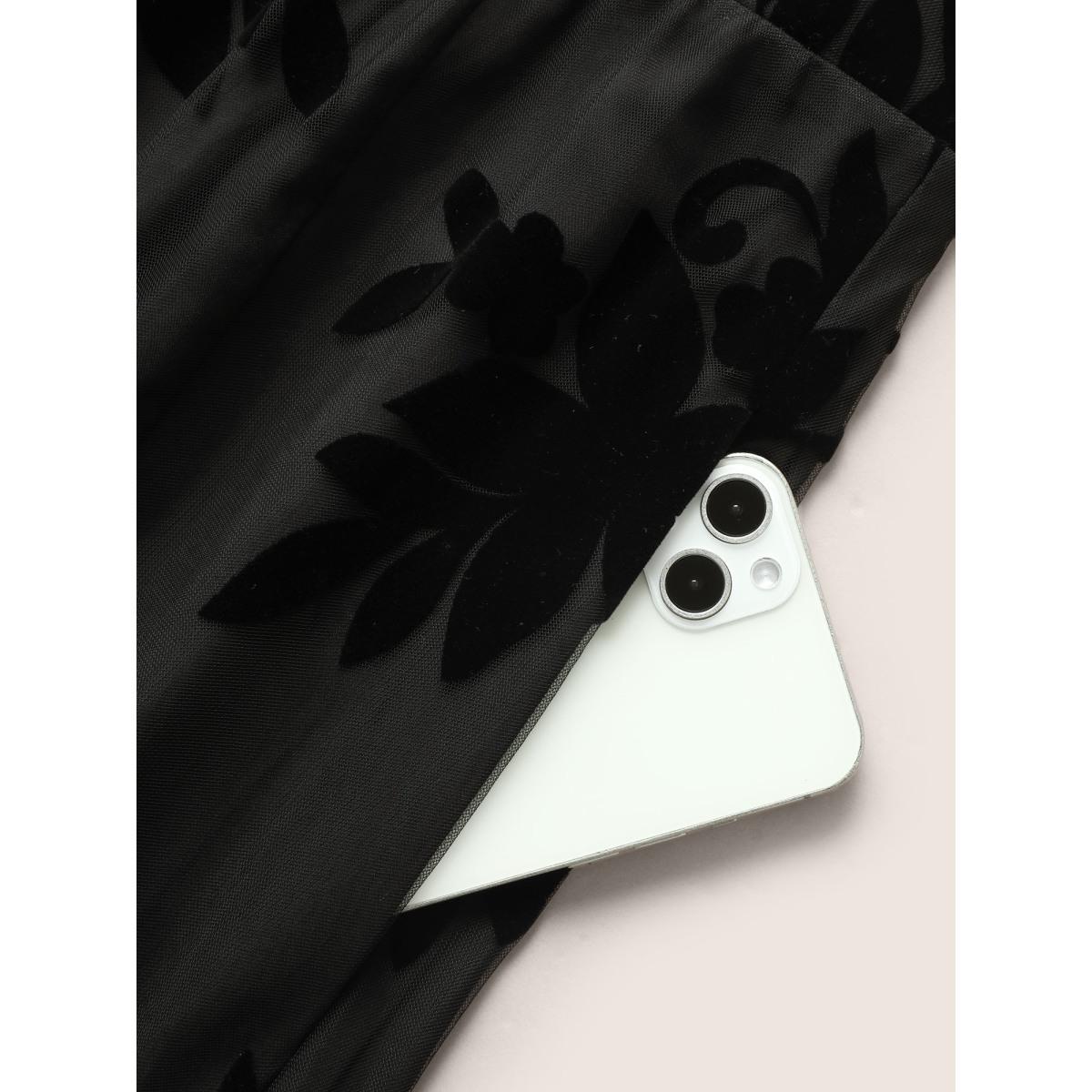 Plus Size Floral Flocked Tulle Split Hem Dress Black Women Formal Texture V-neck Sleeveless Curvy BloomChic 30/6X Product Image