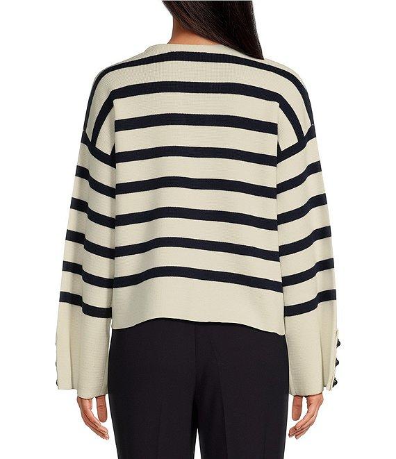 Tara Jarmon Plongeoir Wool Knit Stripe V-Neck Long Sleeve Button Cuff Sweater Product Image