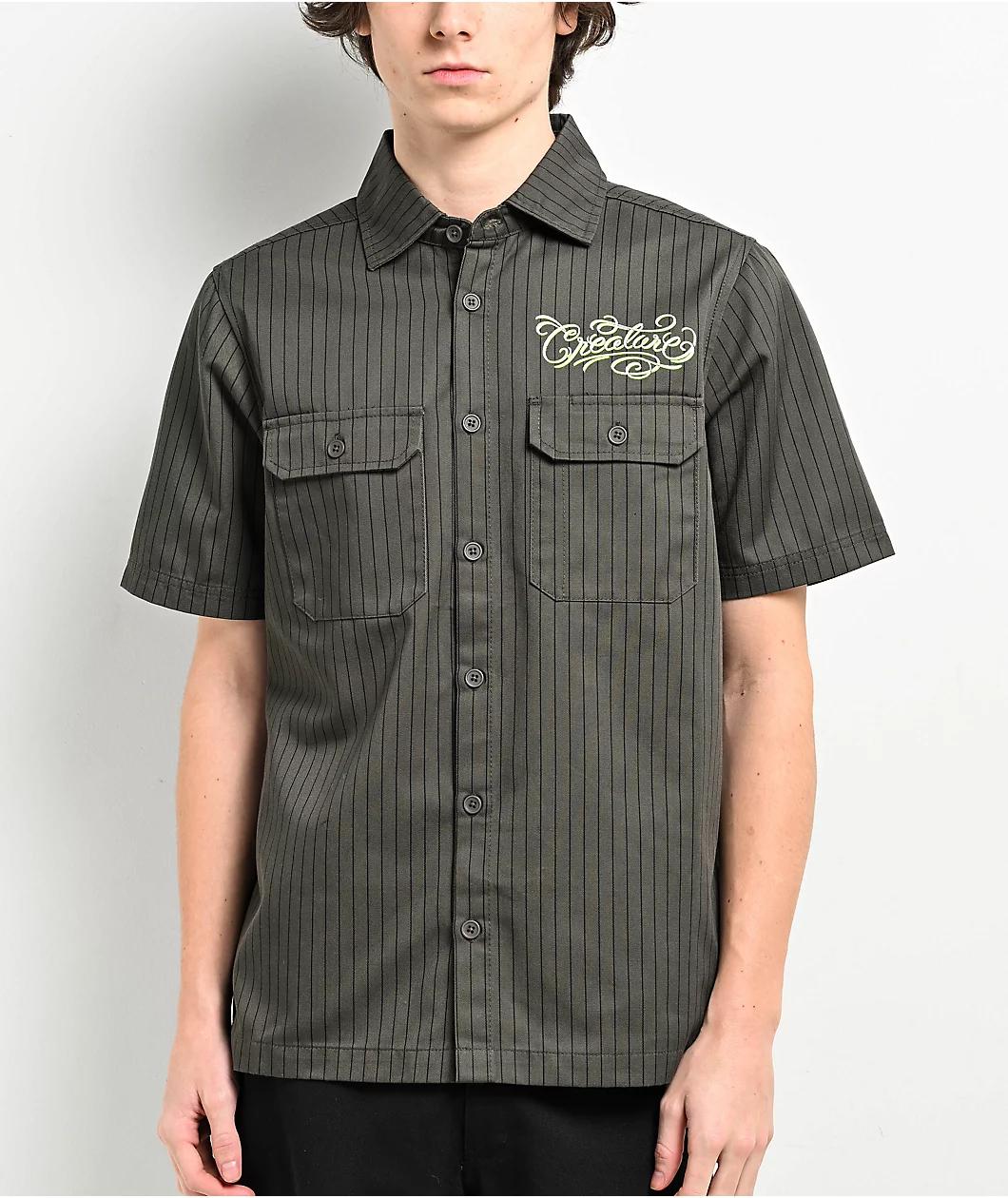 Creature Script Grey Short Sleeve Button Up Shirt Product Image