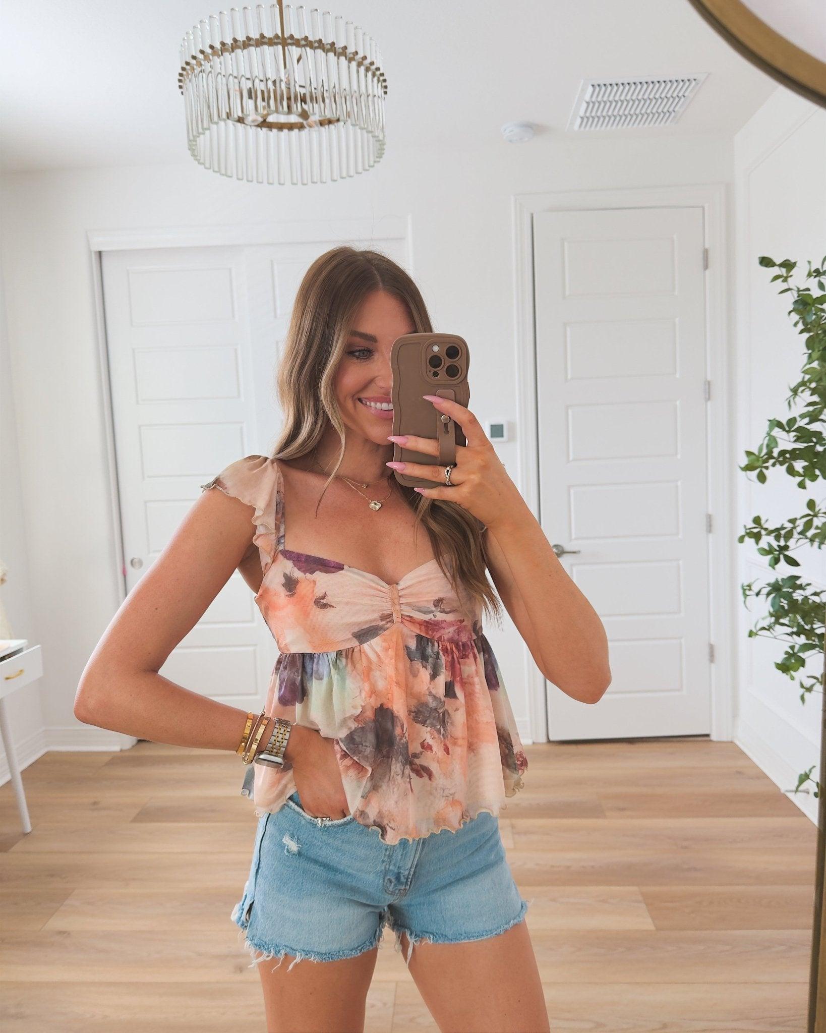 Natural Floral Print Sweetheart Babydoll Top - DOORBUSTER Female Product Image