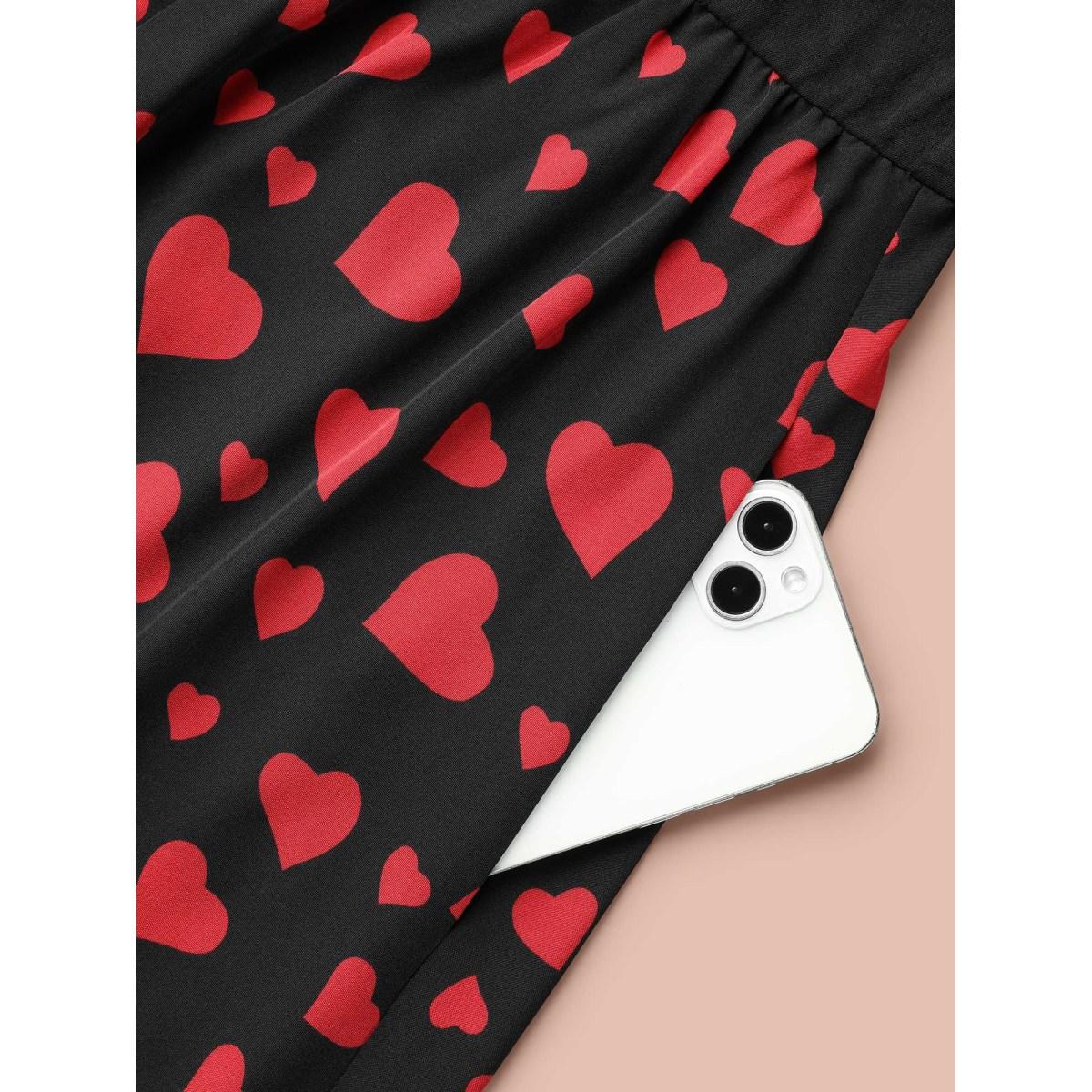 Plus Size Contrast Heart Pattern Notched Collar Dress Black Women Elegant Patchwork Notched collar Short sleeve Curvy BloomChic 12/L Product Image