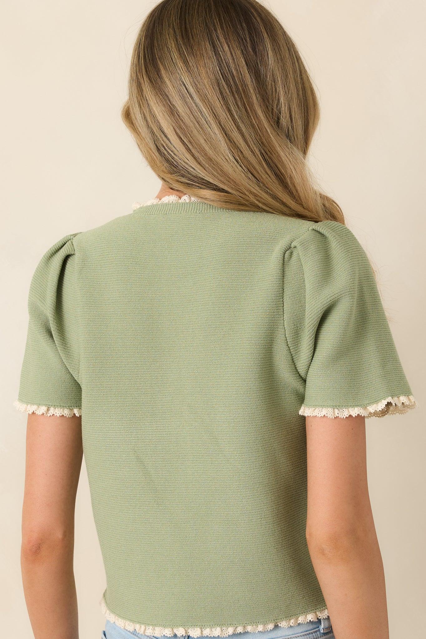 Like a Dream Light Green Knit Lace Trim Button Front Top Product Image
