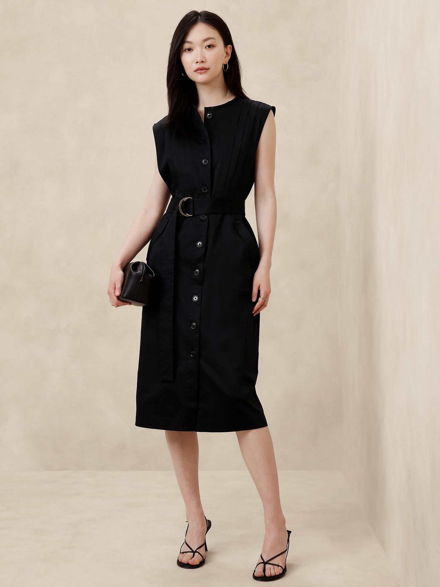 Cotton-Satin Knee-Length Shirtdress Product Image